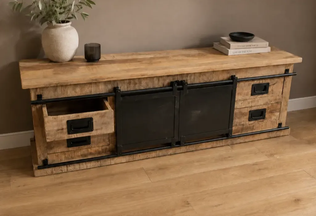 Meuble tv manguier massif porte metal